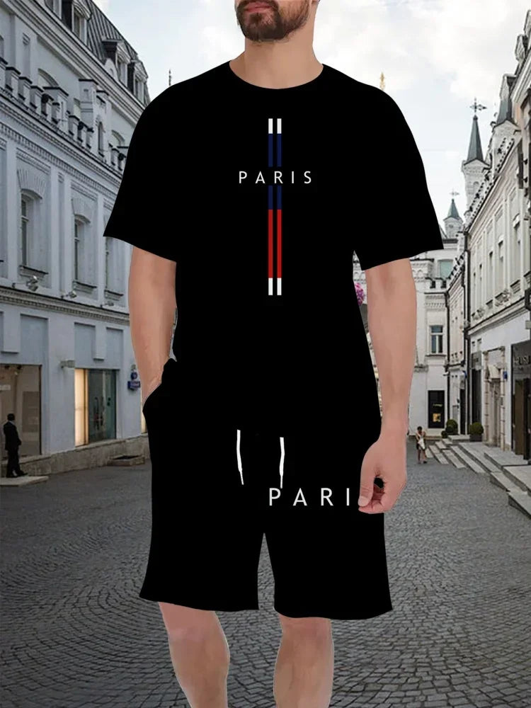 Men's Fashion Print Casual 2 Piece Set Crew Neck Short Sleeve T-Shirt & Drawstring Shorts Tracksuit Men's Printed Casual Outfit