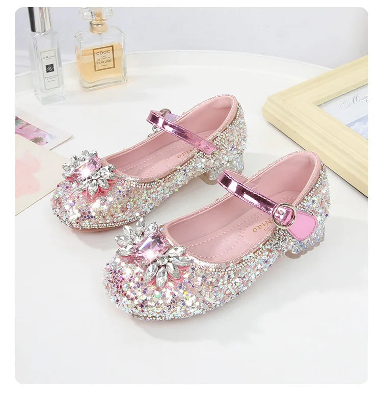 Girls Leather Shoes Fashion Flat Child New Sequin Flash Single Shoes Little Kids Crystal Princess Footwear Wedding Party Shoes