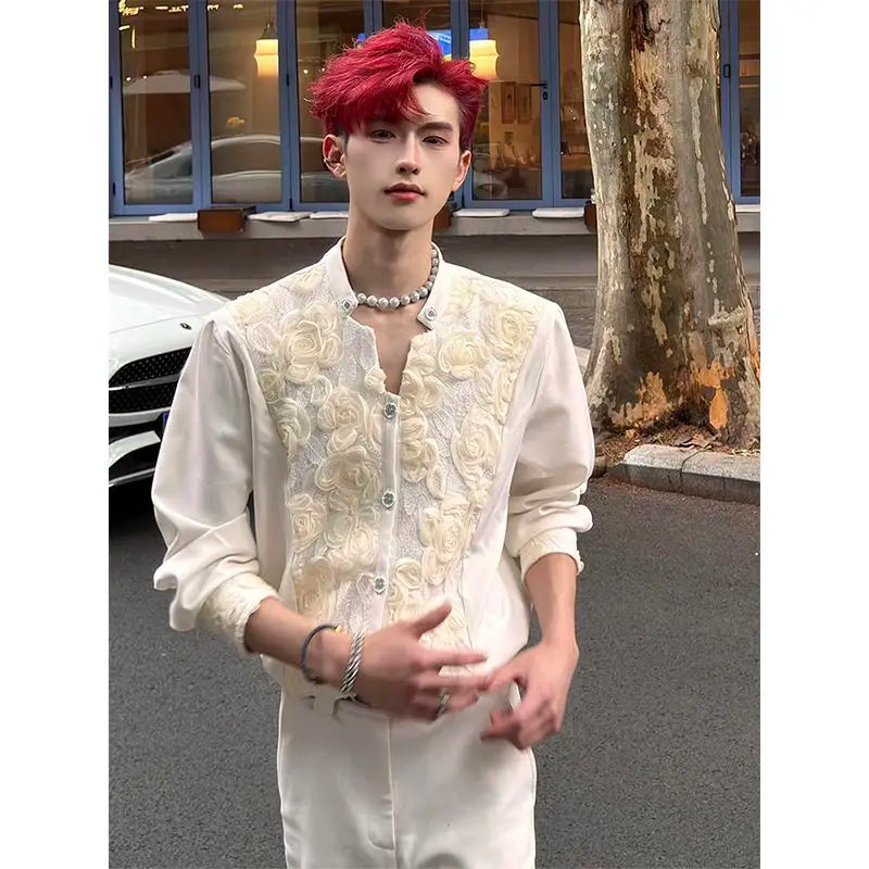Men's Cream Stand Collar Long-Sleeve Shirt with Rose Embroidery Decorative Buttons Men's Shirts Fashion Men's Clothing
