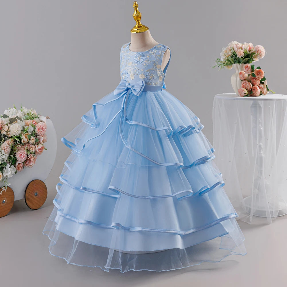 Girls Princess Dress Sleeveless Lace Embroidery Tiered Tulle Bow Formal Evening Gown for Wedding Birthday Party Christmas