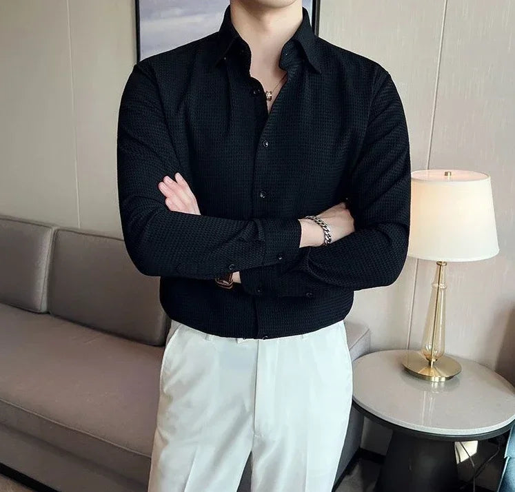 Male Shirts Green Plain Men's Shirt Business Waffle Designer Fashion 2025 Hipster Regular Elegant Slim Fit Cheap Brand Social I