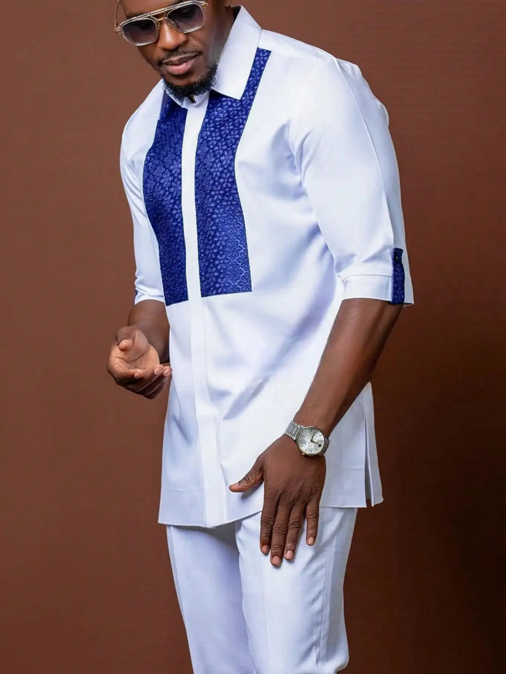 African Traditional Men Suit Printed Shirt Top Elastic Waist Pants White Wedding 2 Piece Set Outfits Ethnic Style Costumes