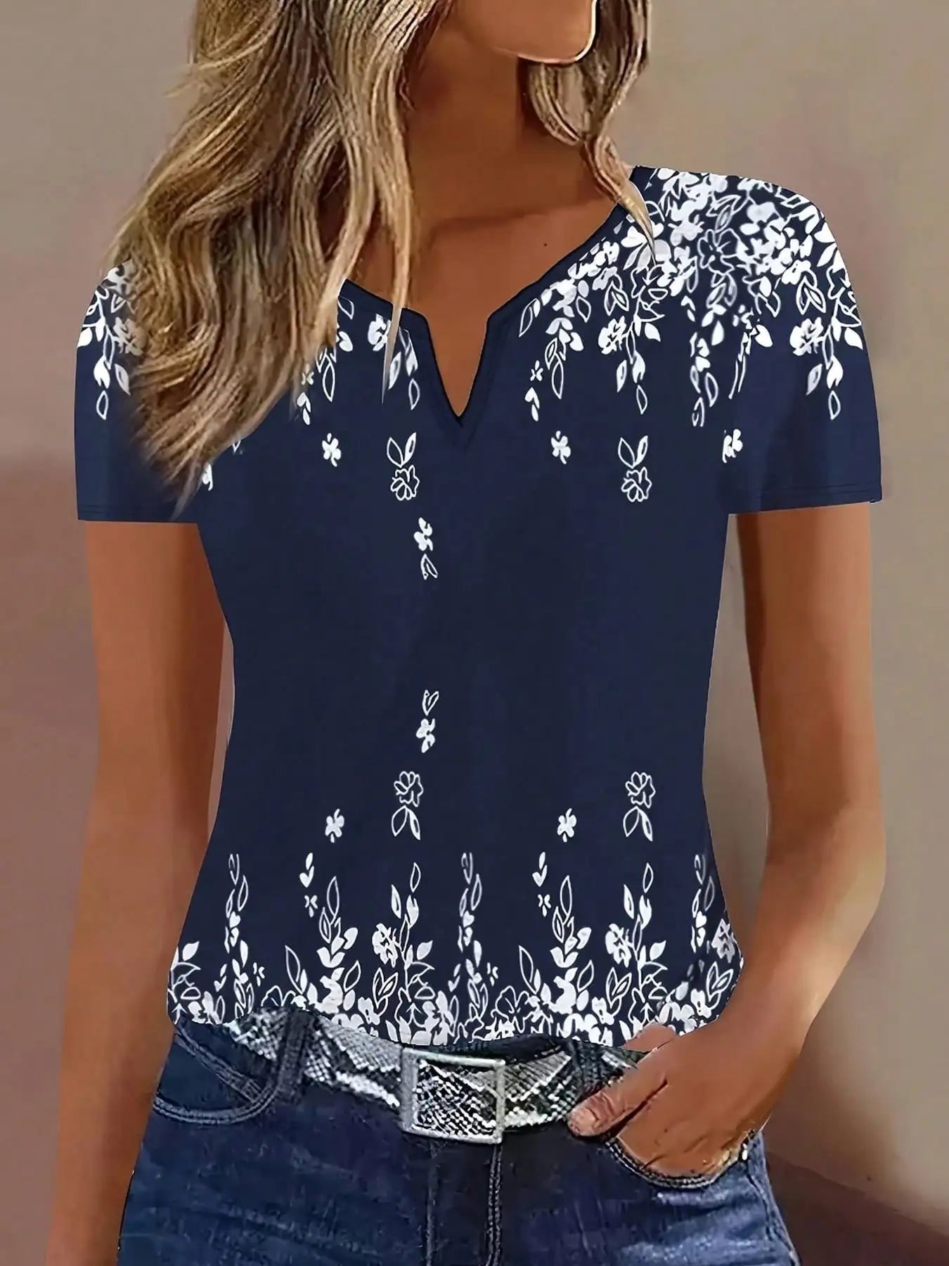 Women's elegant floral V-neck T-shirt, polyester knit fabric, regular length, short sleeves, summer style.