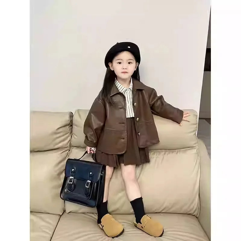 Childrens Suit Spring and Autumn New Korean Girls Fashion Leather Coat Striped Shirt Solid Color Pleated Skirt Three Piece Set