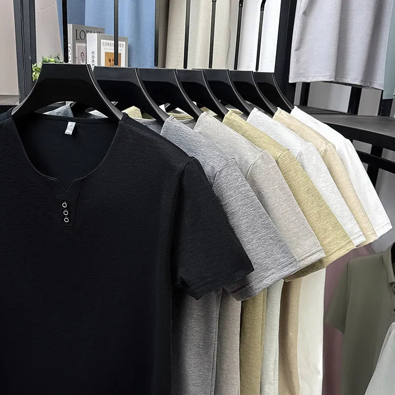 Three Button V-neck T-shirt Men 2026 New Men's Business Casual Short Sleeve Tshirt Korean Style Summer Comfortable Versatile Top