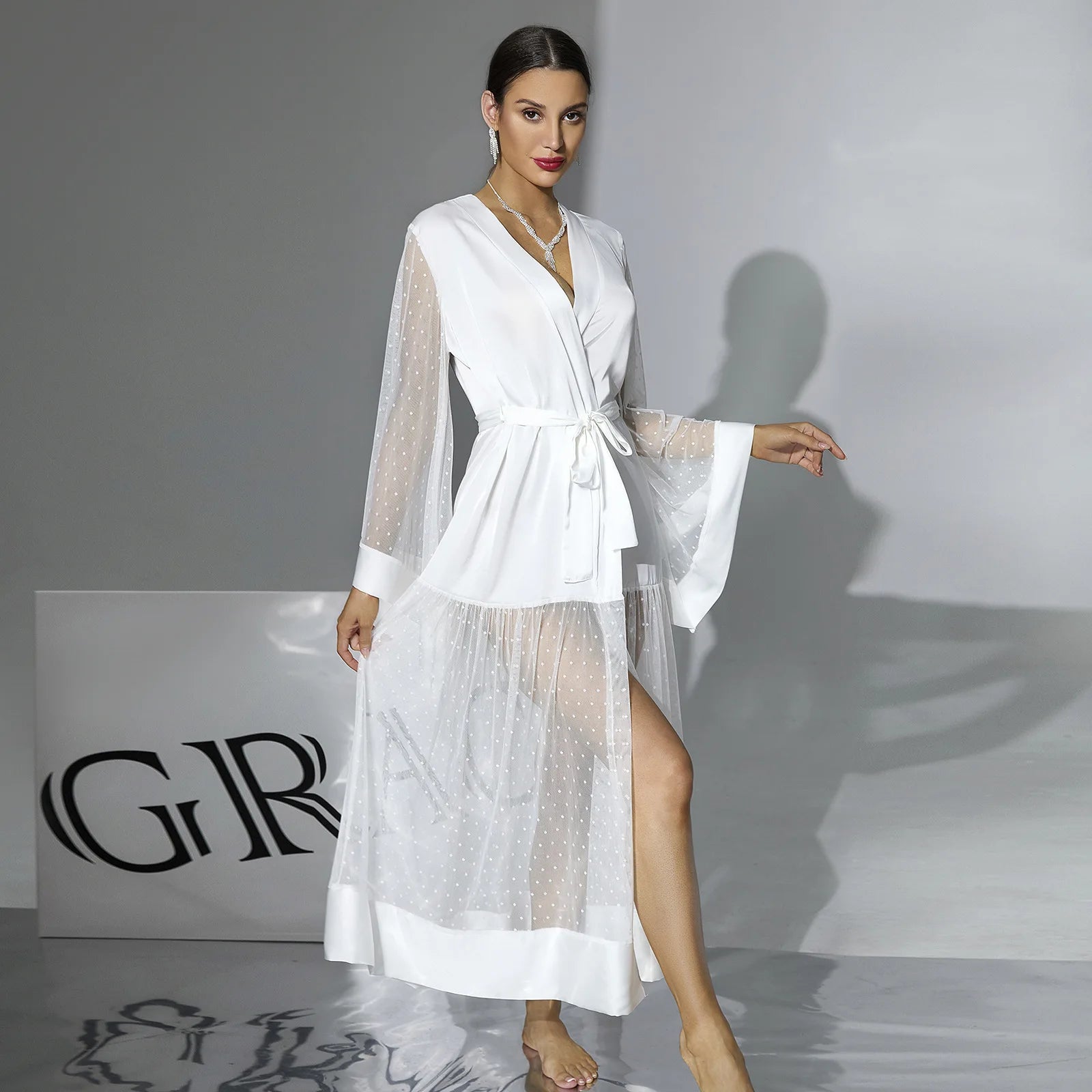 Summer Women Sexy Mesh Maxi Dress V-Neck Belted Polka Dot Sheer Robe Flare Sleeve Party Wedding Nightgown Beach Cover Up Vestido