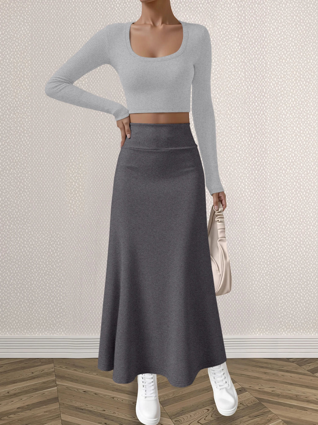 Mature Style Women 2Pcs Outfit, Ribbed Square Neck Crop Top + High Waist Draped A-Line Maxi Skirt