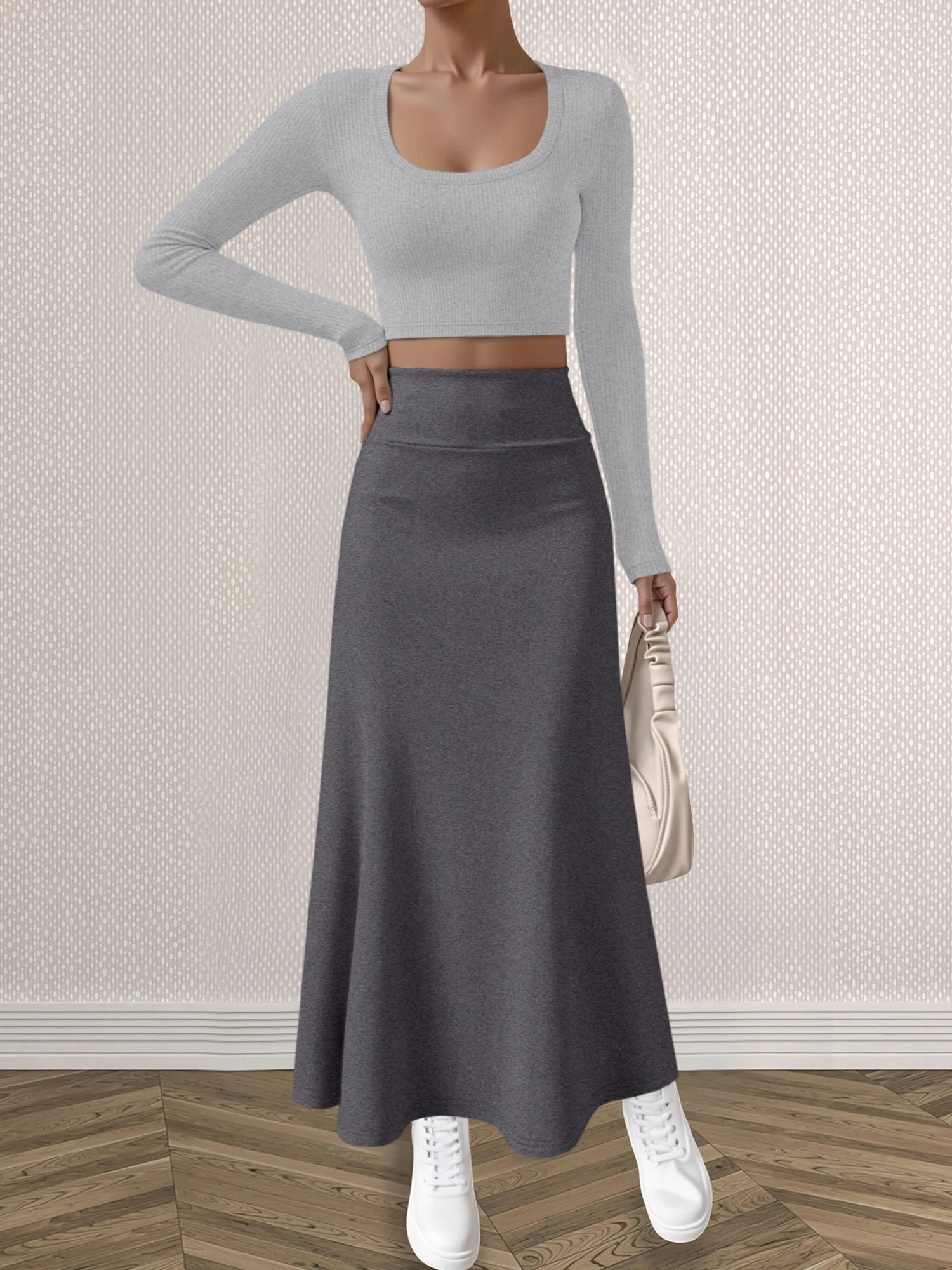 Mature Style Women 2Pcs Outfit, Ribbed Square Neck Crop Top + High Waist Draped A-Line Maxi Skirt