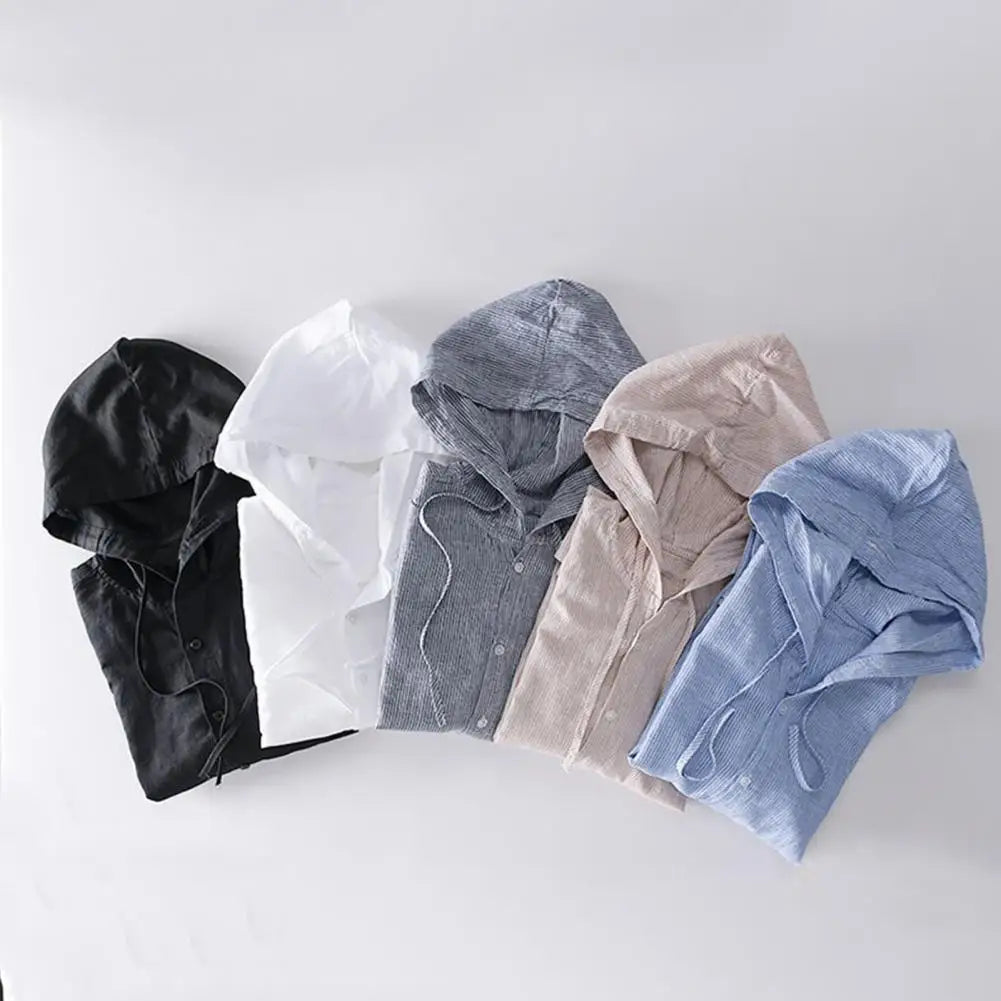 Men Summer Shirt Sun Anti UV Long Sleeve Hooded Drawstring Single breasted Soft Loose Breathable Cardigan Coat Top