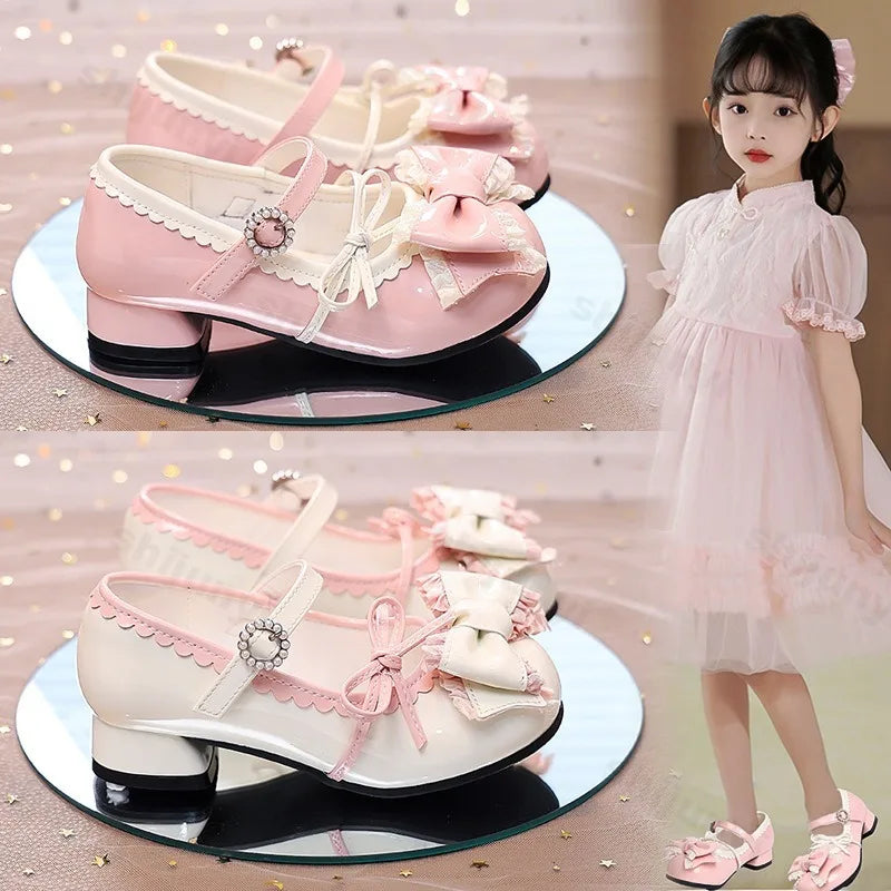 Girl Princess Shoes Spring 2026 New Bow French Heels Leather Shoe Sweet Lolita Party Dress Shoes Children's Mary Jane Size 26-36