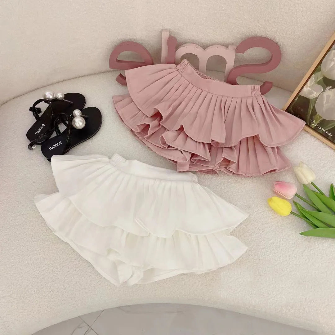 Girls Set 2024 New Girls Summer Short Sleeved Pleated Skirt Two Piece Set Girls Summer Lovely Princess Clothes