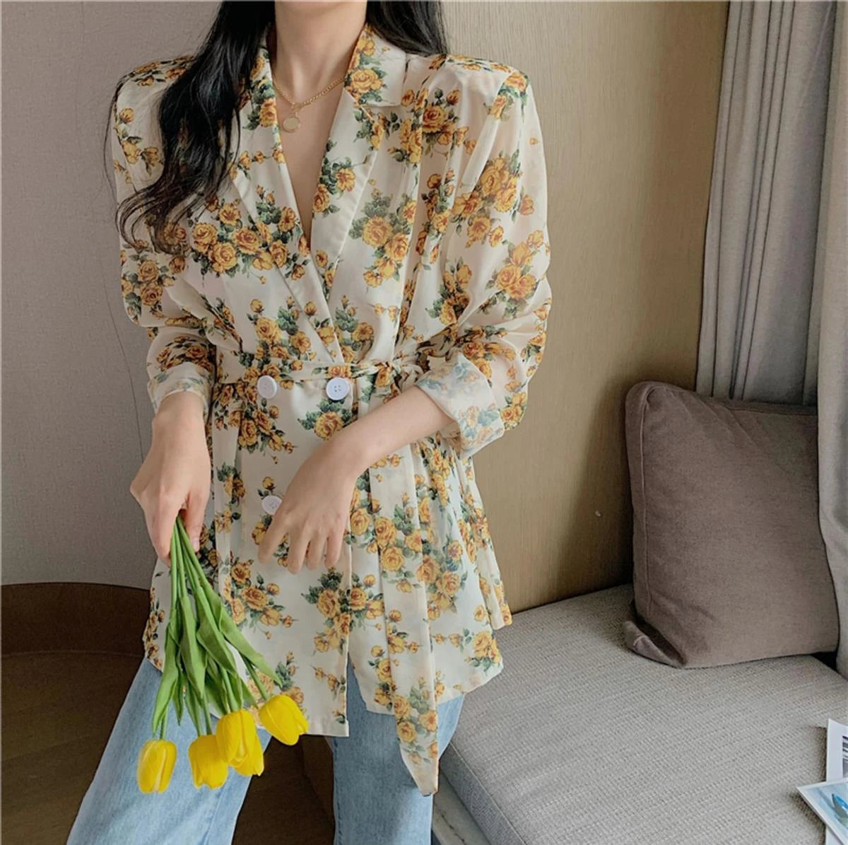 Women's Shirts And Blouses Button Up Top For Woman With Bow Clothing Floral Loose Sleeves Y2k Elegant Youth Xxl Stylish M