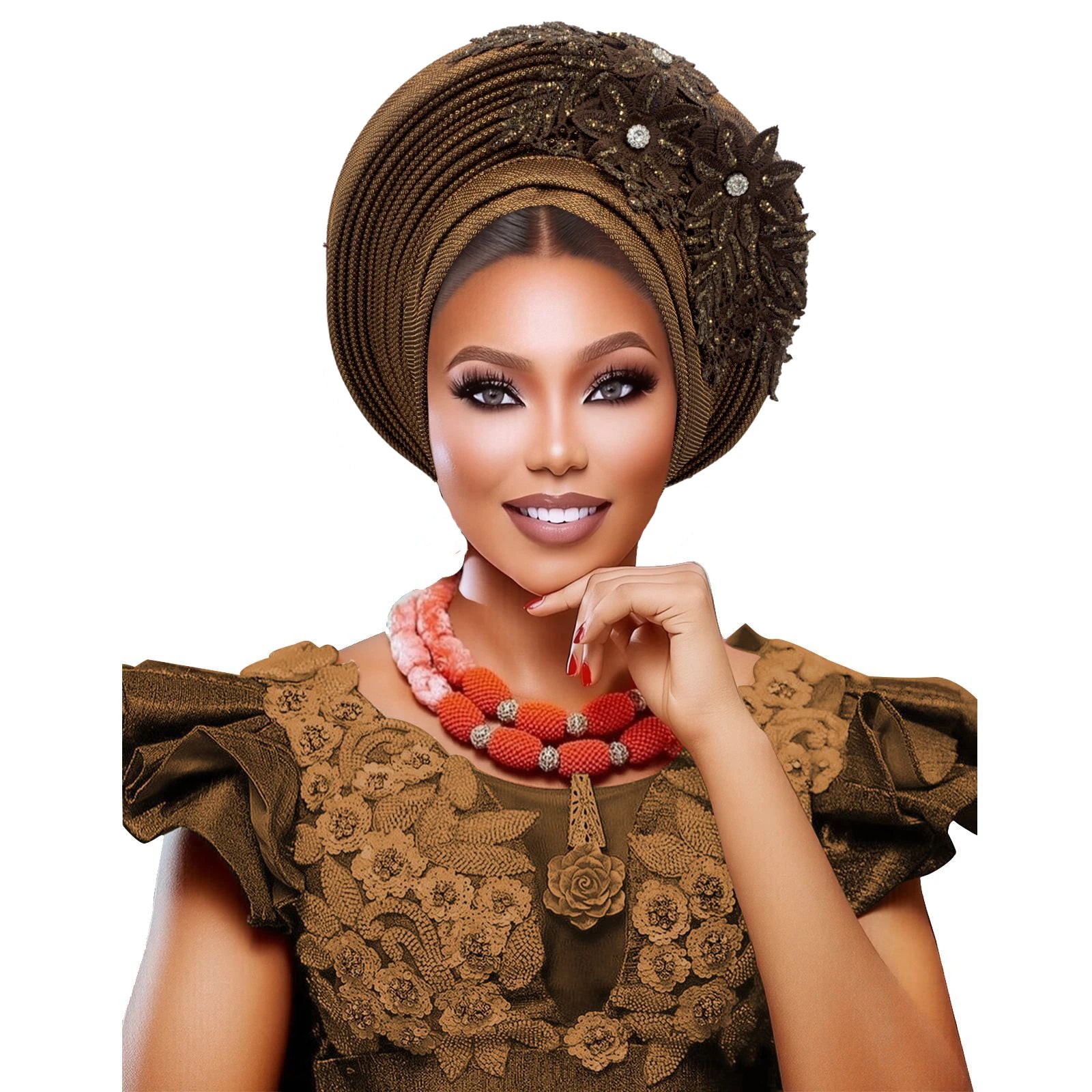 Elegant African Autogele Women's Turban Cap Nigeria Wedding Gele Ready to Wear Headtie with Embroidery Lace Party Headwear