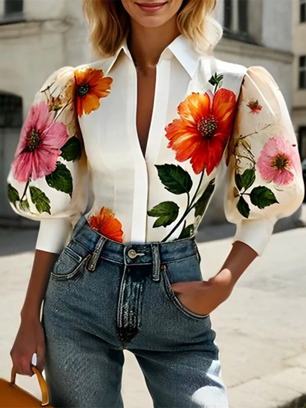 Women's Elegant Blouses 2025 Spring Autumn New Chic Puff Sleeves Asymmetric Floral Printed Lapel V-neck Shirts Tops for Woman