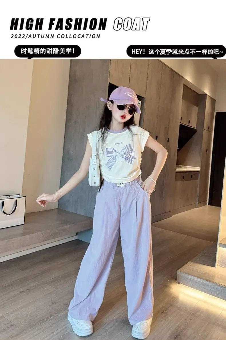 Teen Girls Summer Clothes Color Matching Cartoon T-shirt Trousers Two-piece Suit New Korean Style Sports Suit Children Outfit