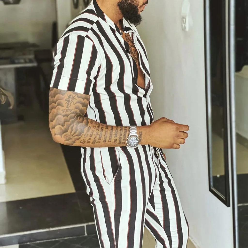 Summer New Men's Fashion Trend Print Shirt Casual Suit V-neck Short-sleeved Trousers Male Streetwear High-quality Two-piece Sets