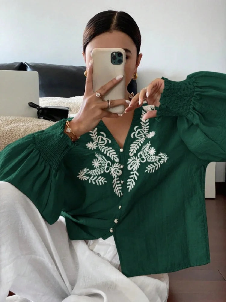 Women Autumn Single Breasted V-neck Blouses and Shirts Ladies Casual Embroidery Long Sleeve Shirt Tops