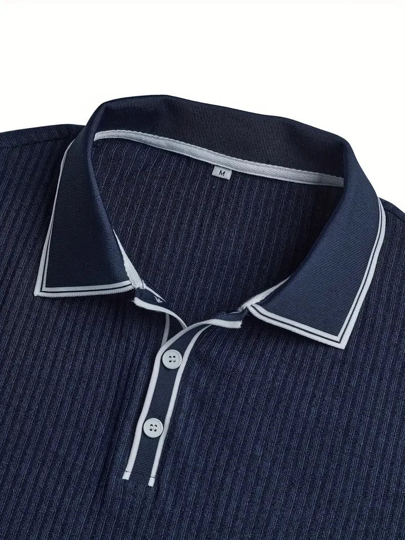 Men Ribbed Knit Polo Shirt Short Sleeve Turn Down Collar Contrast Trim Button Placket Slim Fit Casual Top