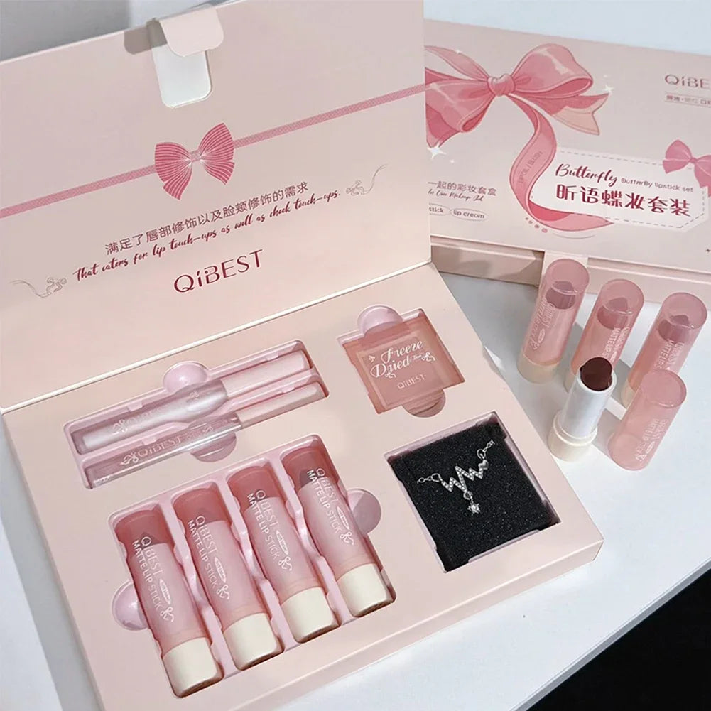 8Pcs Makeup Set Include 4pcs Velvet Nude Matte Liquid Lipstick And 1pc Face Blush Palette With Necklace Gift Cosmetics