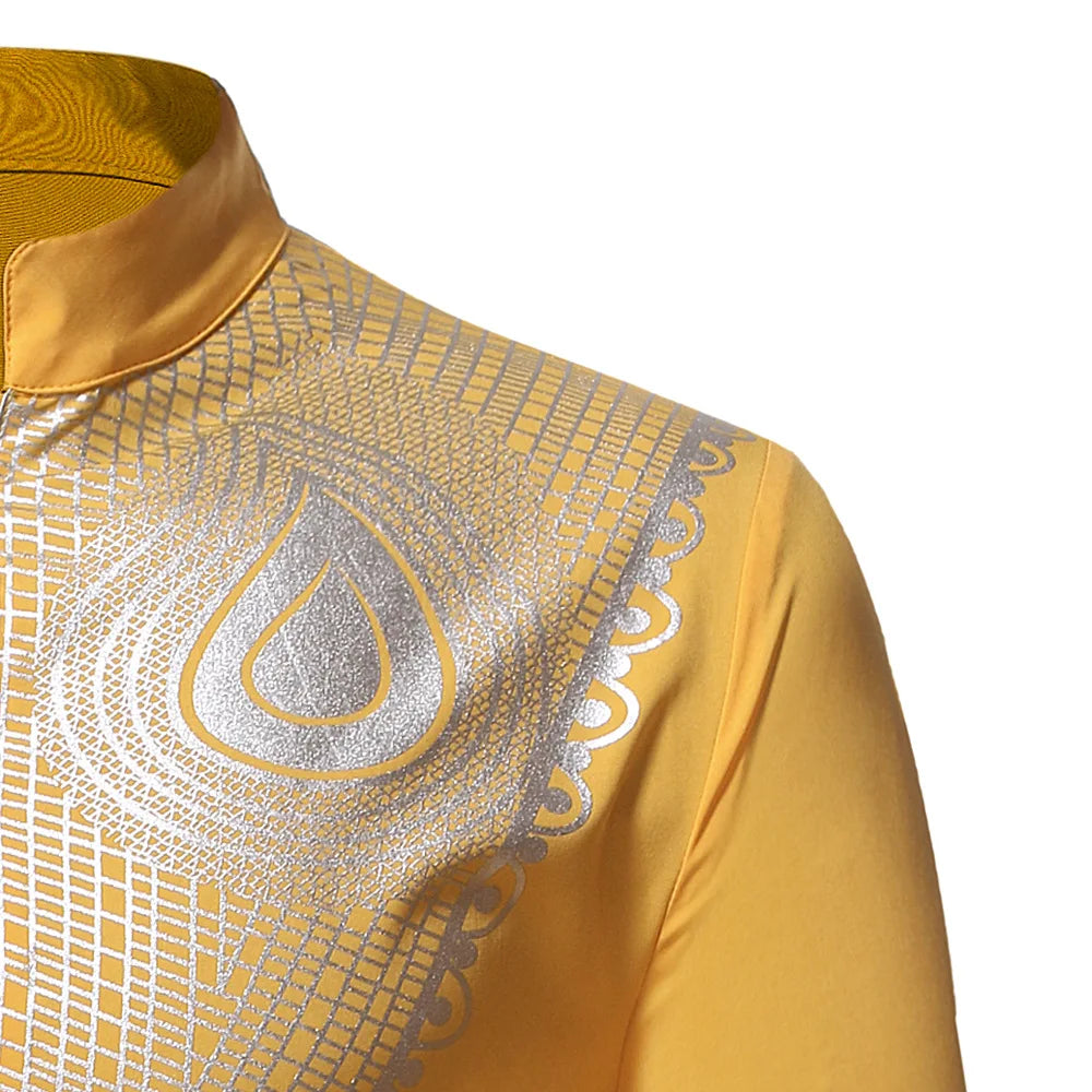 Men's African Style Ethnic Shirt Traditional Tribal Printed Stand Collar Robe Turkish Long Sleeve Dashiki Tops