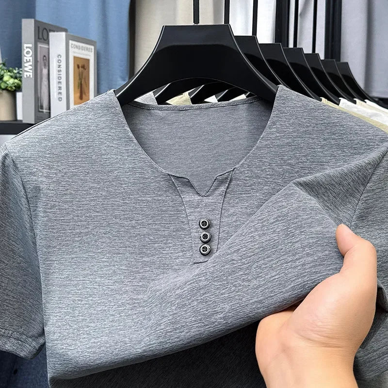 Three Button V-neck T-shirt Men 2026 New Men's Business Casual Short Sleeve Tshirt Korean Style Summer Comfortable Versatile Top