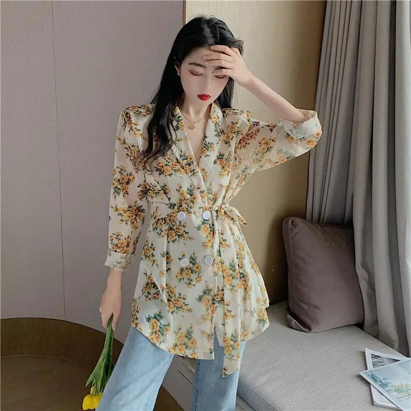 Women's Shirts And Blouses Button Up Top For Woman With Bow Clothing Floral Loose Sleeves Y2k Elegant Youth Xxl Stylish M