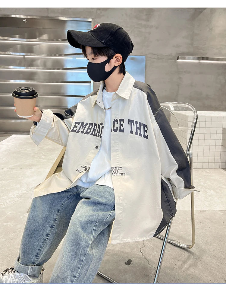 Korean Children Loose Style Long Sleeve Shirt for Teenage Boy Casual Spring Autumn Clothing School Kids Blouses Age 5 To 14 Y