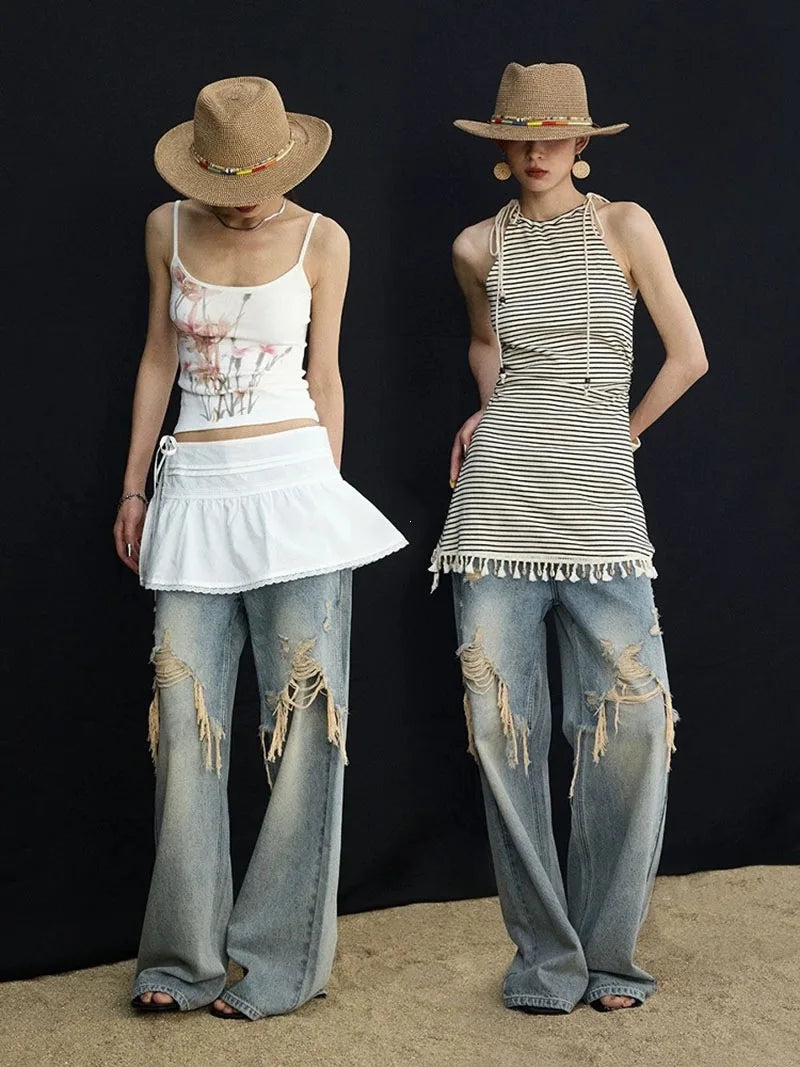 2026 New Women's Jeans Trendy Brand High Street Splicing Distressed Loose Casual Wide Legs Straight Long