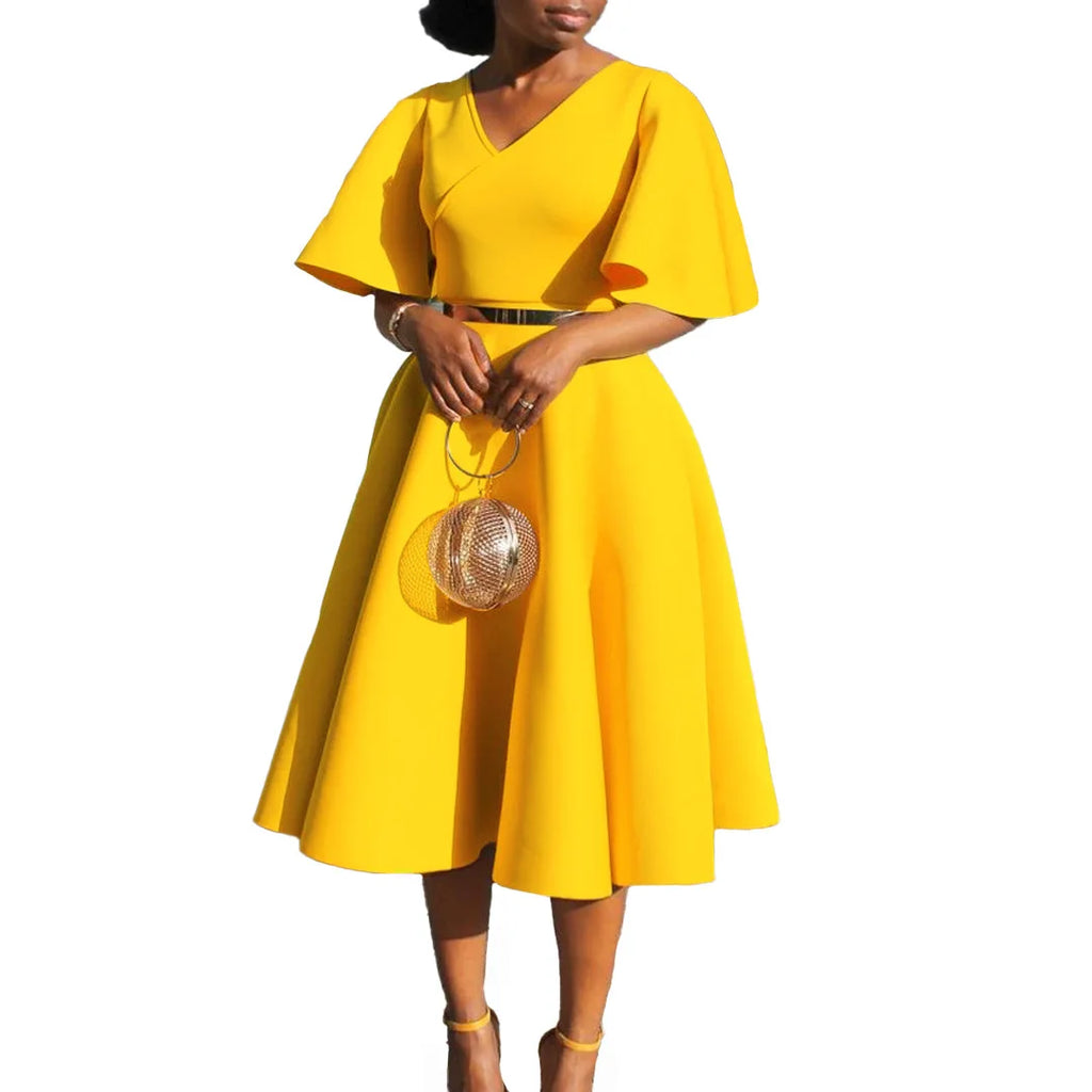 Summer Fashion African Women V-neck Polyester Short Flare Sleeve Red Black Pink Knee-length Dress African Dresses for Women