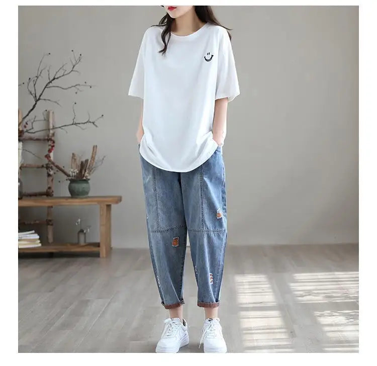 Nine Point ripped Jeans For women Summer 2025 new Loose Thin Elastic waist Casual Harem pants Female denim Ankle Length pants