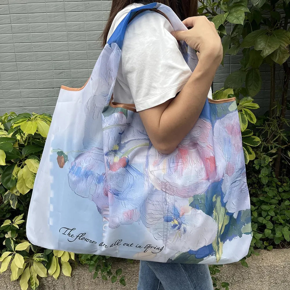 Large Reusable Grocery Shopping Bag Ladies Tote 50lb Fashion Pocket Shoulder Bag Foldable Eco Bag Washable