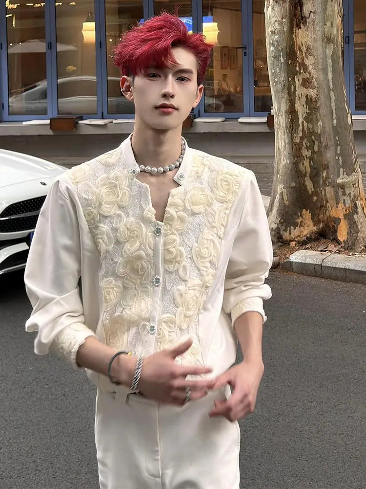 Men's Cream Stand Collar Long-Sleeve Shirt with Rose Embroidery Decorative Buttons Men's Shirts Fashion Men's Clothing