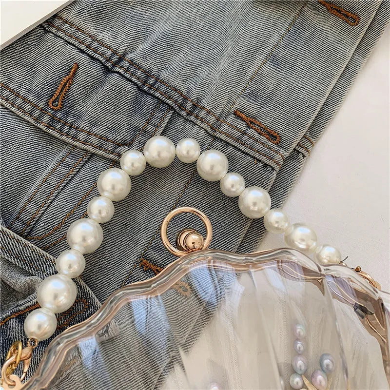 Evening Bags for Women 2023 New Transparent Shell Bag Clutch Box Handbags Pearl Chain Crossbody Bag Acrylic Purse Shoulder Bag