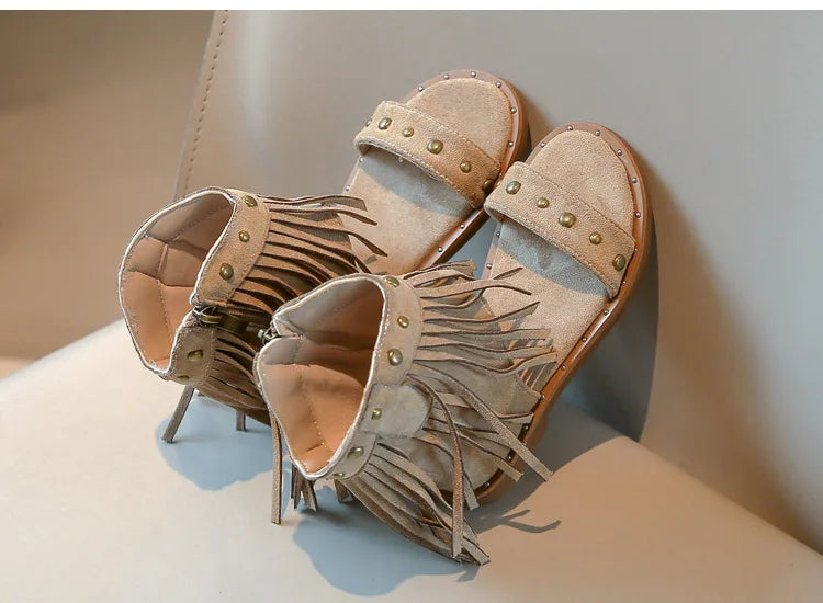 Sandals for Girl Summer New Fashion Strap Roman Sandals with Tassel Rivet Girl Shoes Personalized Kid Cool Boot Sandalias Mujer
