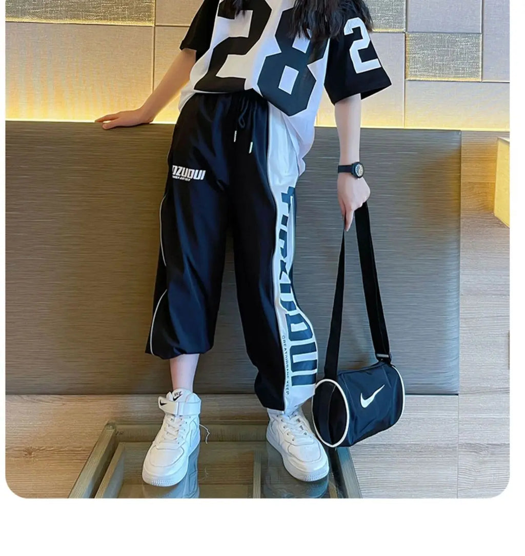 Girls Summer New Fashion Sports Cotton 2pcs T-shirts+Pants Suits 5-14 Years Teenage Girls Hiphop Oufits Tops Sets Kids Clothing