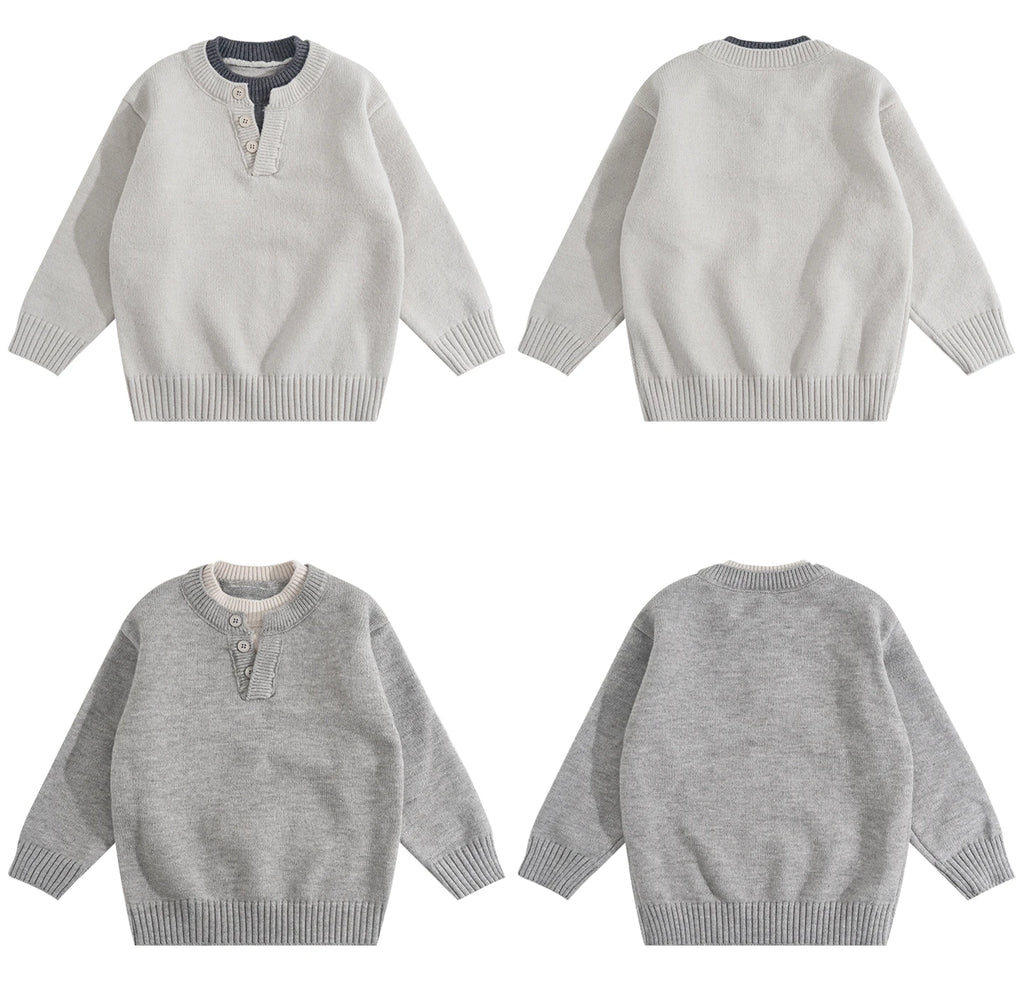 Child Minimalism Style V-Neck Sweater for Tween Boy Beige Grey Color Knitwear Korean Kids Spring Autumn Casual Knitted Clothing