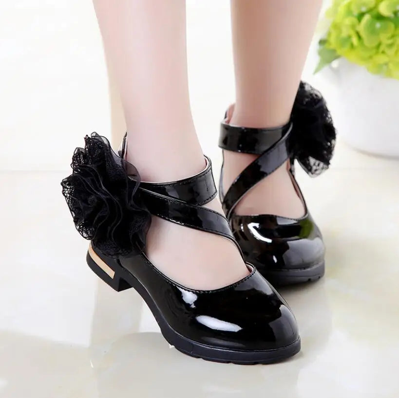 Girls Leather Shoes for Party Wedding Kids Performance Shoes with Butterfly-knot Fashion Children High Heels Rhinestone Shoes