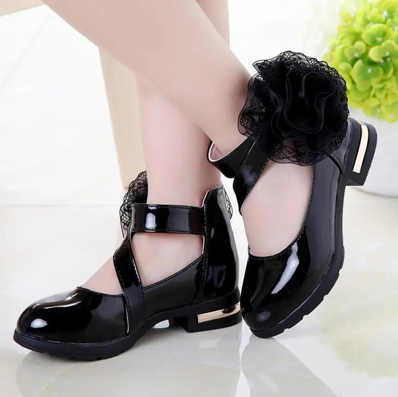 Girls Leather Shoes for Party Wedding Kids Performance Shoes with Butterfly-knot Fashion Children High Heels Rhinestone Shoes