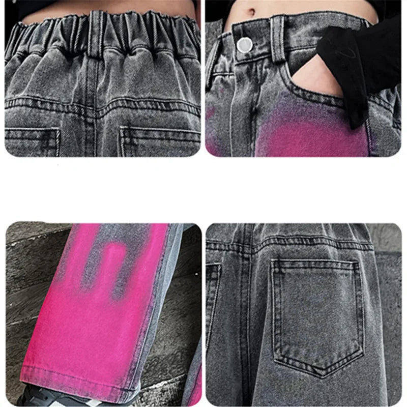 Kids Jeans for Girls Fashion Graffiti Dyeing 2025 Spring Autumn Hot Sales Teenager Unique Wide Leg Pants Korean Style Trousers