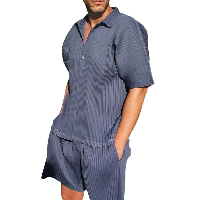 2026 European and American Men's Shirt Casual Loose Short-sleeved Shorts Beach Suit