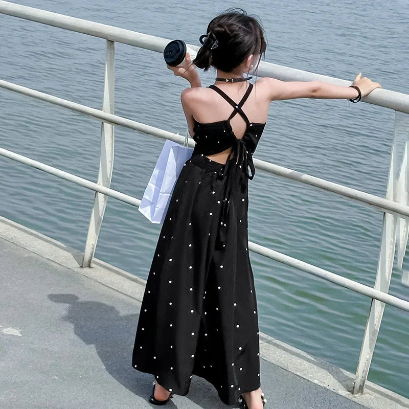 teenage girls dress design sense cross tie polka dot camisole princess dresses summer junior backless long skirt prom dresses 12
