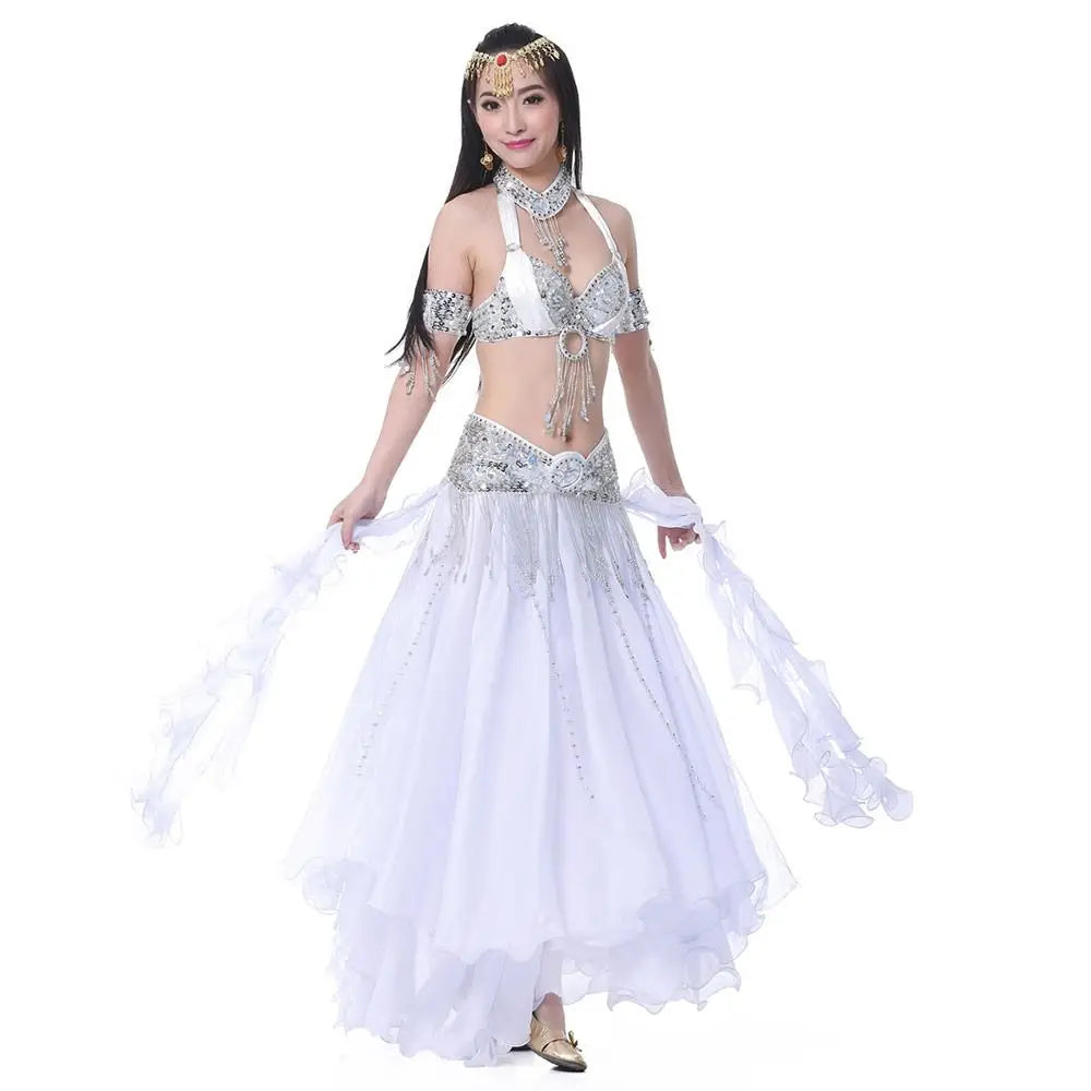 Belly Dancing Skirt Women Chiffon Spanish Skirt Shiny Sequins Tassels Dancing Skirt Show Costumes
