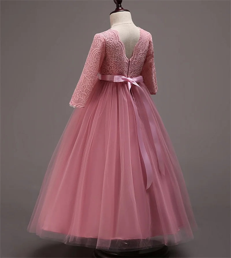 Elegant Dress For Teenage Girl Lace White Long Sleeve Wedding Princess Dresses For Children Prom First Communion Long Puffy Gown