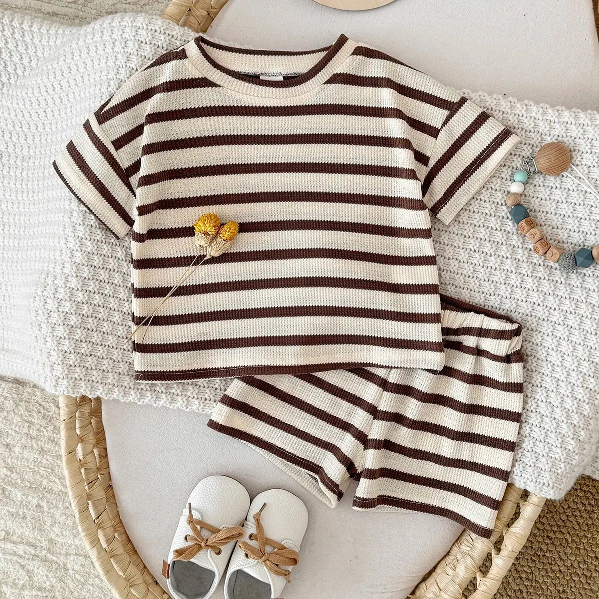 Summer Baby Clothes  Beige Color Boys Striped  T-shirt Shorts Set Breathable Girls Vest Short Sleeved Shorts Set 0-3Years