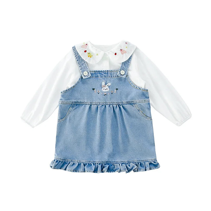 Girls Shirt Set Spring 2026 New Foreign Style Two-piece Set Baby Denim Strap Skirt