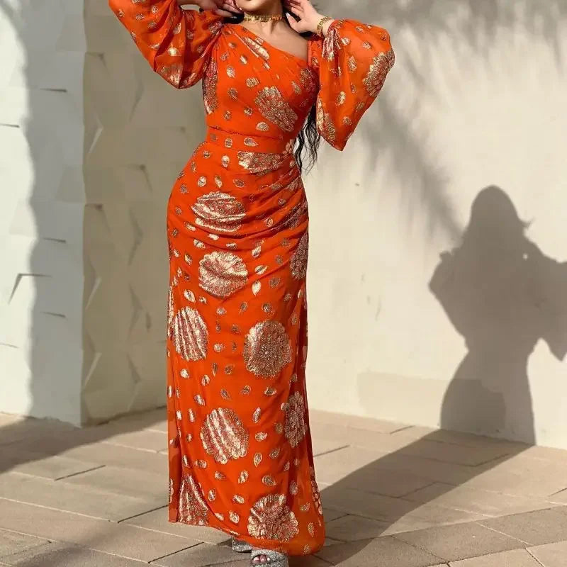 Dubai Morocco Dress for Women Chiffon Ball Gown Vestidos Lantern Sleeve Print Orange Wedding Prom Evening Dress Caftan 2023