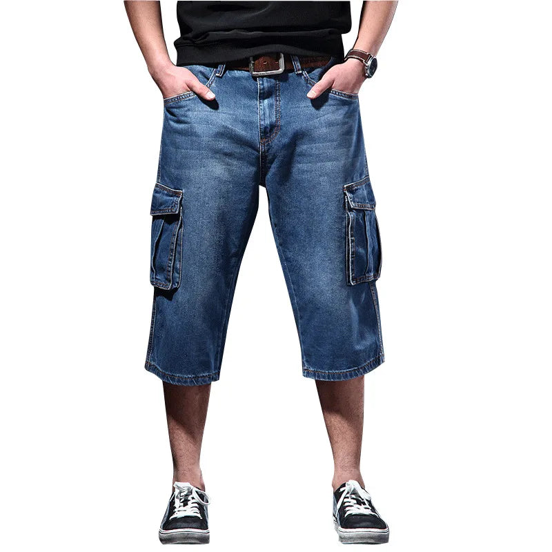 Summer thin, loose, multi pocket workwear, cropped denim shorts, cropped casual jeans for men