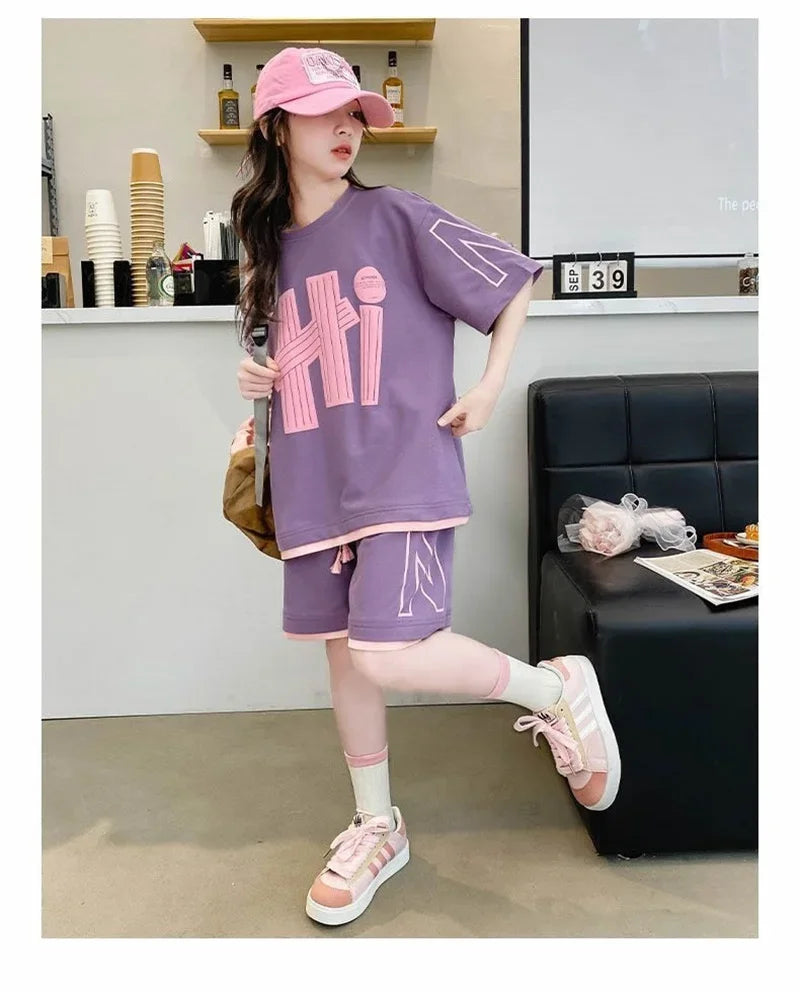 Girls T-Shirts Sets Clothes Kids Short Sleeve Tops+Shorts 2Pcs Children Clothes Suits Teen Loose Casual 2025 Outfits 5-14 Years