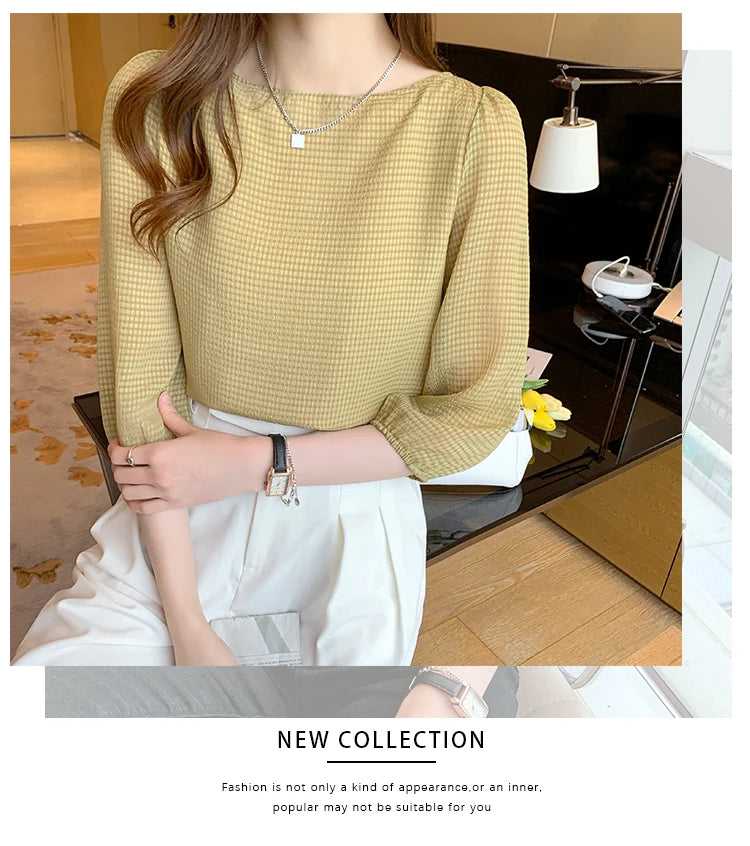 Blusas Para Mujer 2026 New Women Blouse Shirt O-Neck Black Chiffon Blouse Shirt Women Tops Blouses Shirts Blusas Camisas E474