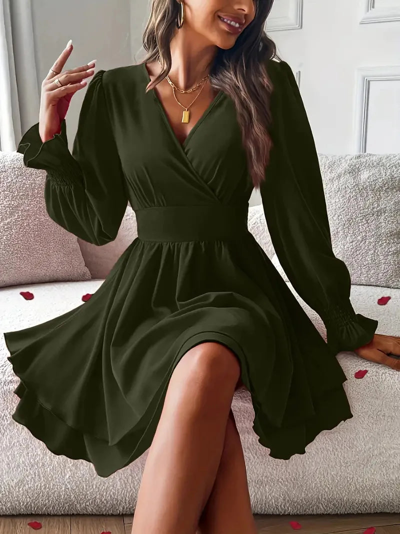 Summer New Dresses 2026 Woman Clothing V-Neck Lantern Sleeve Wrap Mini Dress Ruched Waisted Dress Elegant for Spring Party Dress